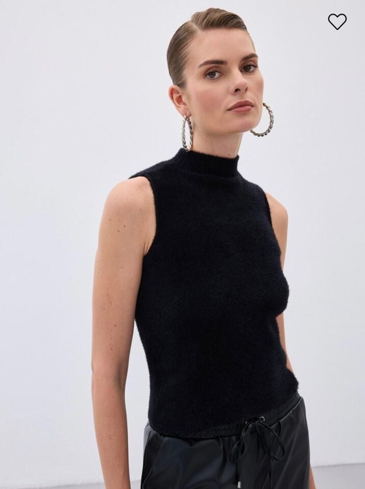 Sakallı Dokulu Sıfır Kollu Triko Kazak - Siyah (STD)