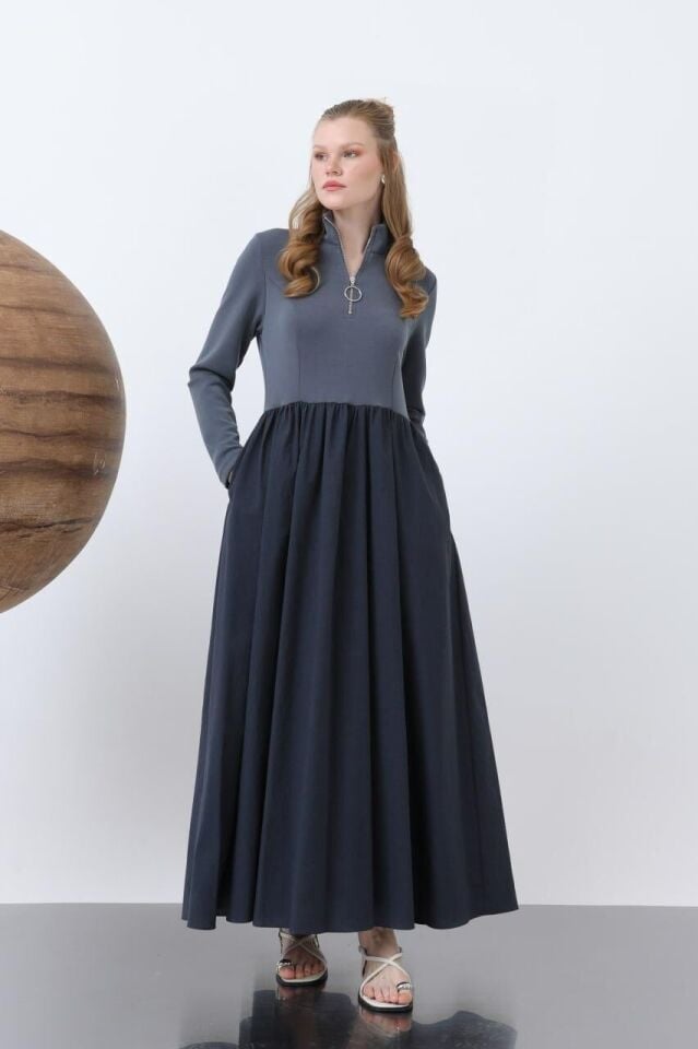 Beli Büzgülü Fermuar Detaylı Elbise