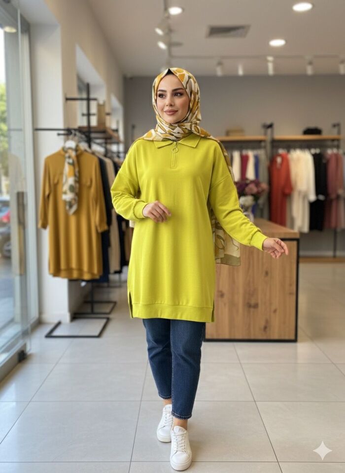 Yağ Yeşili Fermuarlı Polo Yaka Tunik