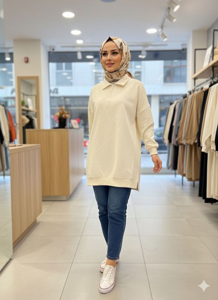 EKRU Fermuarlı Polo Yaka Tunik