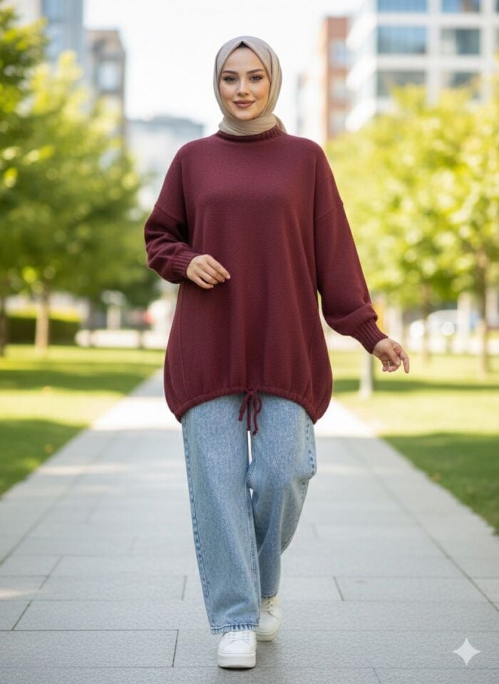 Bordo Oversize Salaş Keçe Tunik