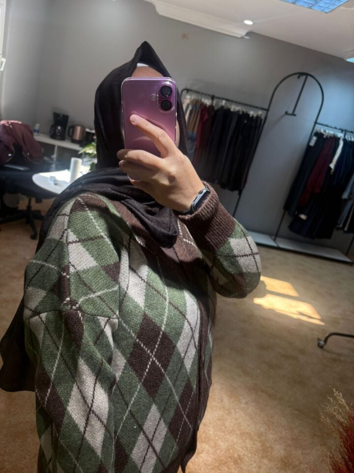 Yeşil Kahve Baklava Desenli Triko Oversize Hırka