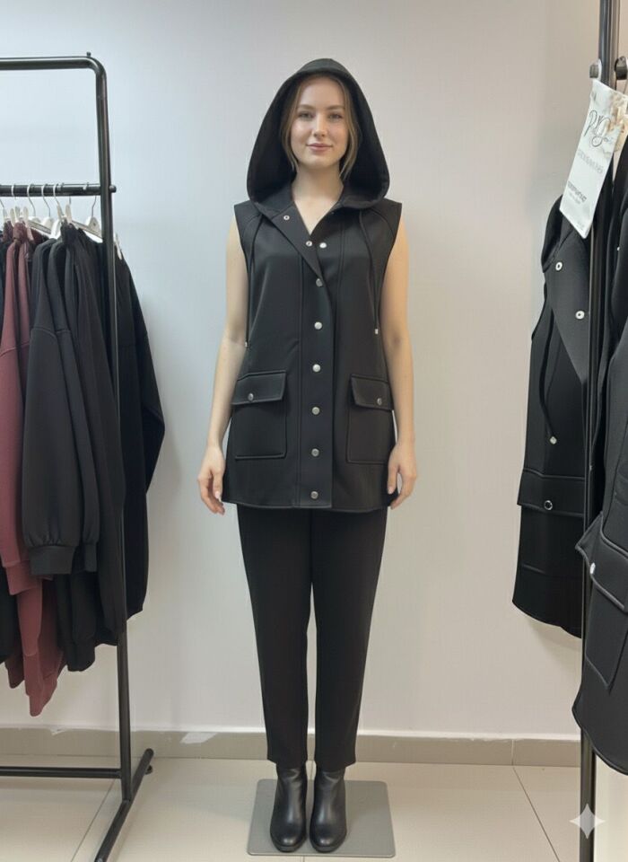 Kadın Kapüşonlu Scuba Kolsuz Çıtçıtlı Cepli Uzun Yelek – Siyah