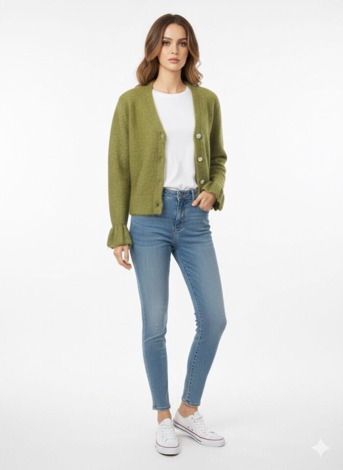 Yağ Yeşili Düğme Detaylı Kışlık Triko Hırka