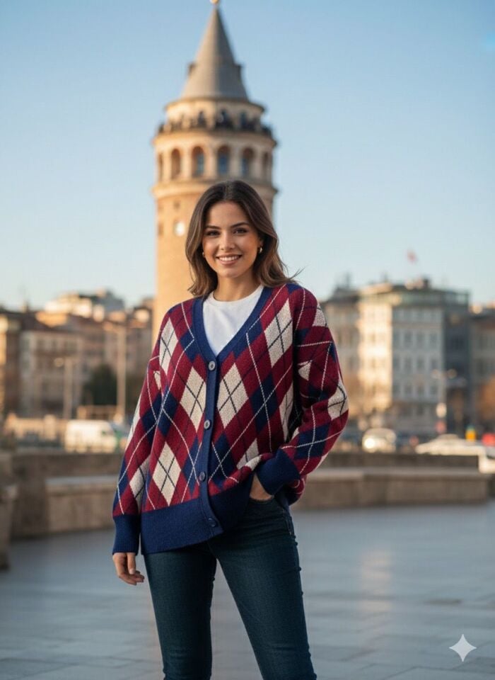 Lacivert Bordo Baklava Desenli Triko Oversize Hırka