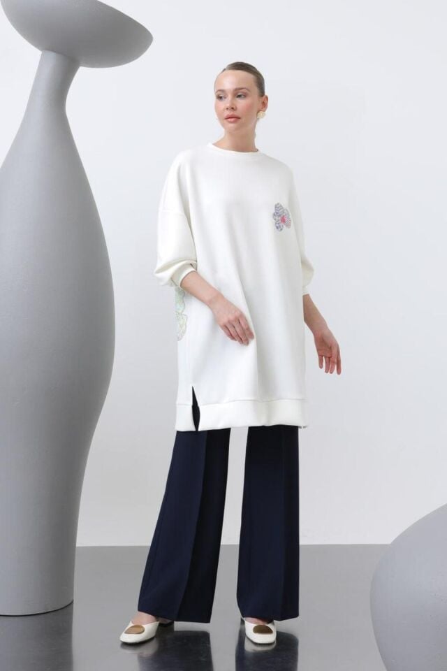 Kadın Aplik Detay Modal Tunik 10641 ECRU