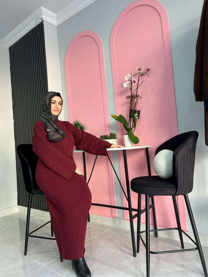 Kuşaklı Triko Elbise Uzun Kollu Kışlık Model