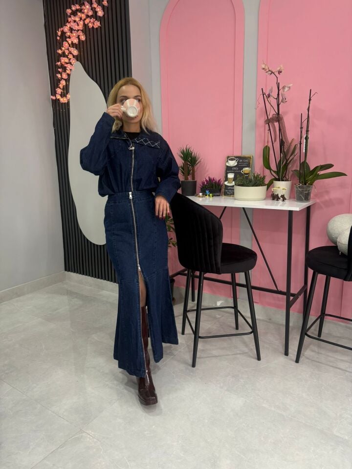 Fermuarlı Kot Ceket Etek Takım Lacivert