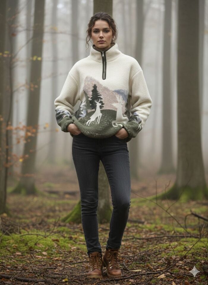 Desenli Yarım Fermuarlı Polar Sweatshirt