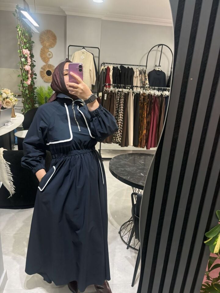 Fermuarlı Beli Lastikli Cepli Uzun Elbise