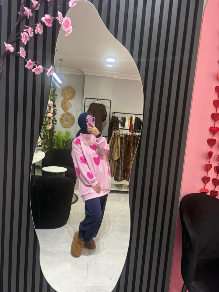 Pembe Kalp Desenli Scuba Sweat