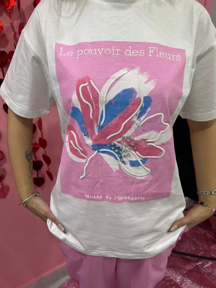 Taş Detaylı Baskılı Tshirt Beyaz Pembe