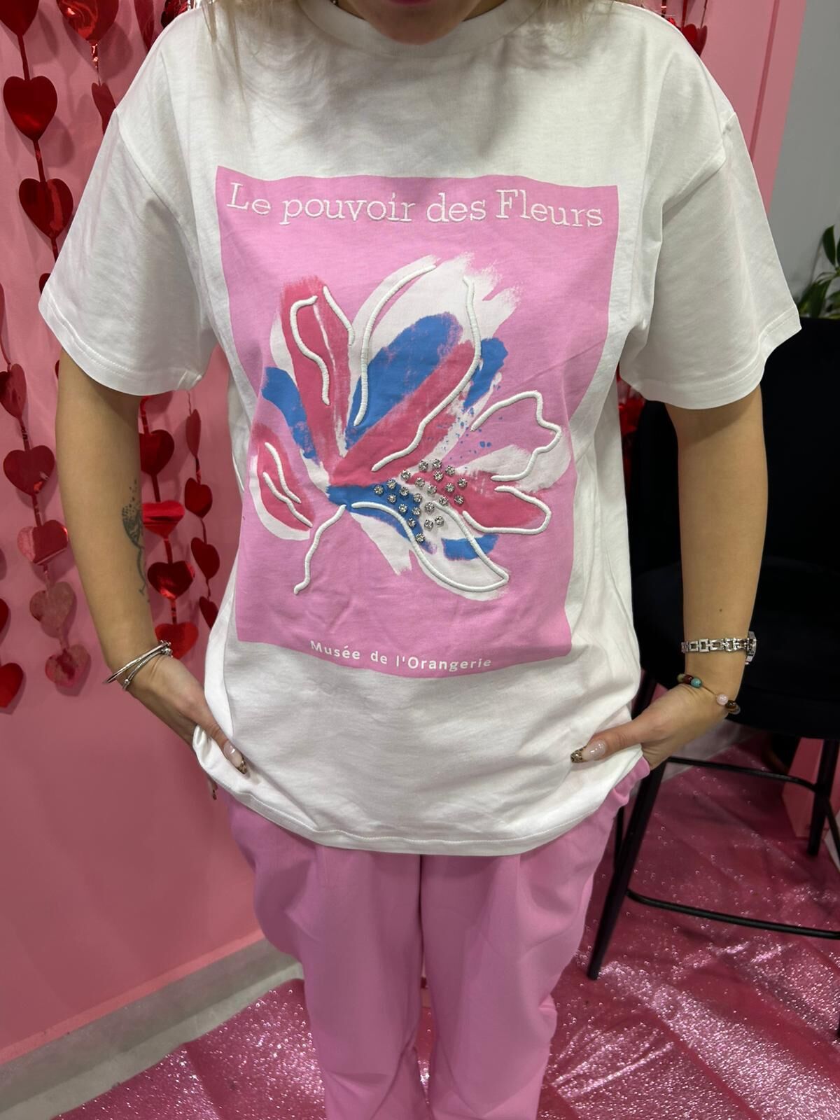 Taş Detaylı Baskılı Tshirt Beyaz Pembe
