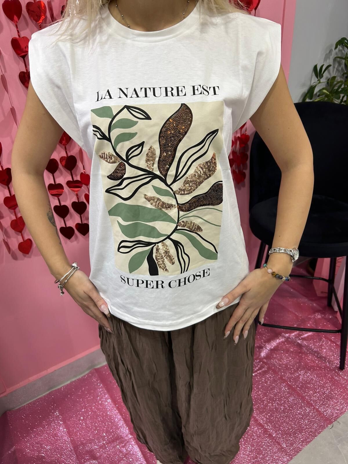 Ekru Yaprak Baskılı Oversize Tshirt