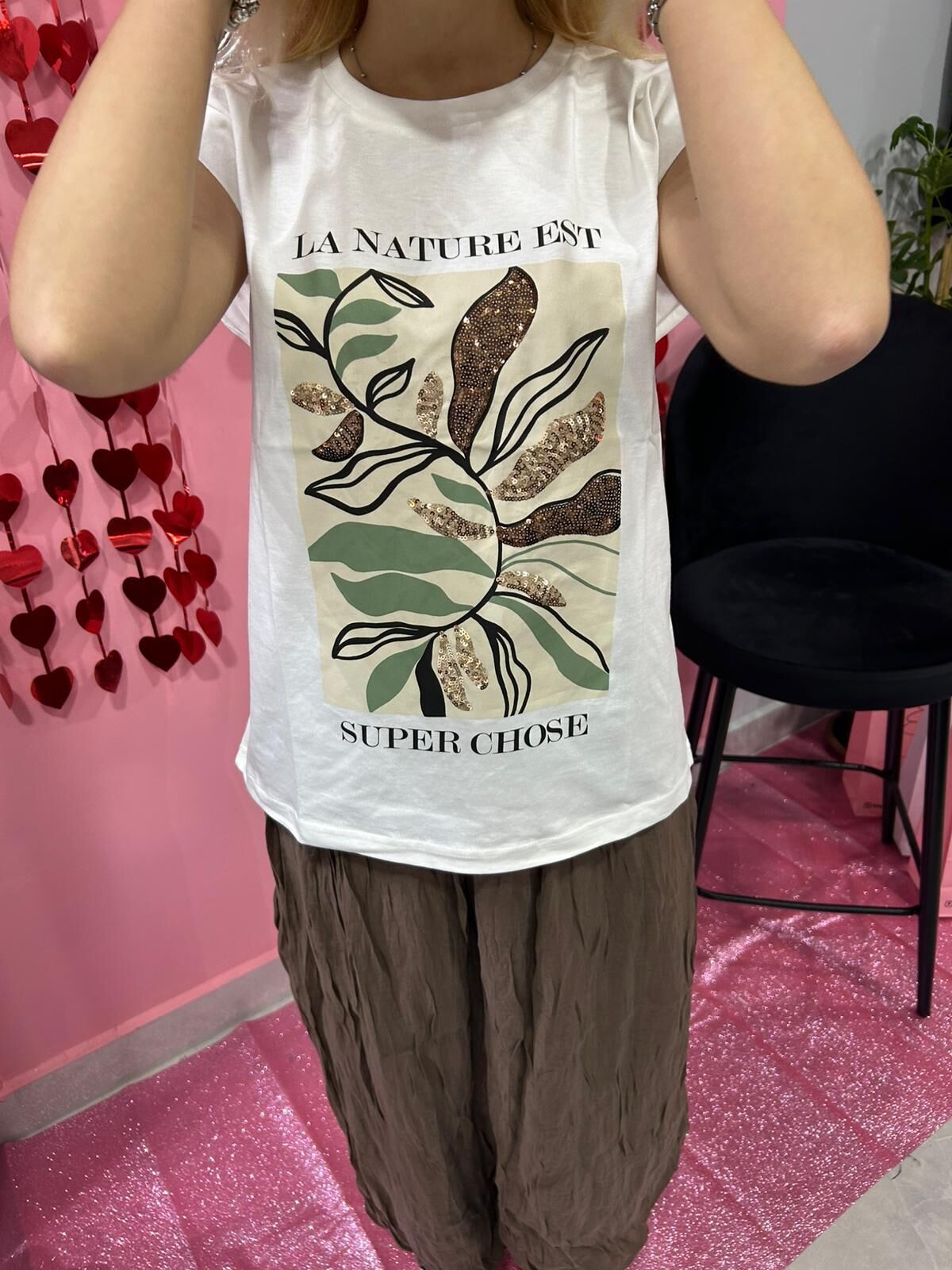 Ekru Yaprak Baskılı Oversize Tshirt