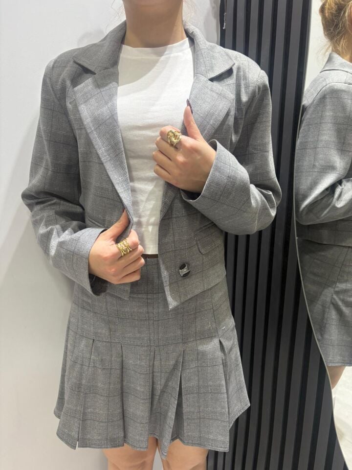 Gri Ekose Ceket Etek Takım