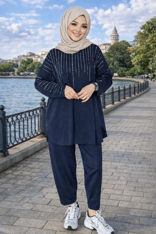 Lacivert Taş Detaylı İkili Takım