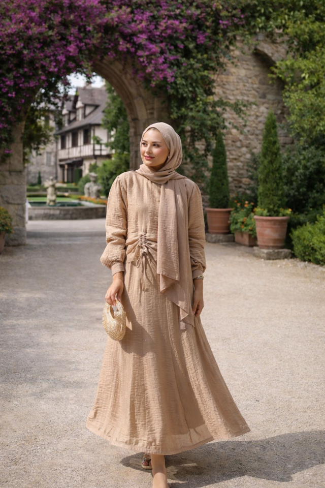 Büzgü Detaylı Etekli Tesettür Takım